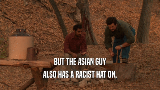 BUT THE ASIAN GUY ALSO HAS A RACIST HAT ON, 