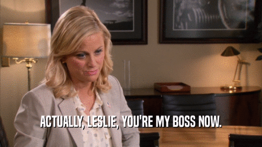 ACTUALLY, LESLIE, YOU'RE MY BOSS NOW.  
