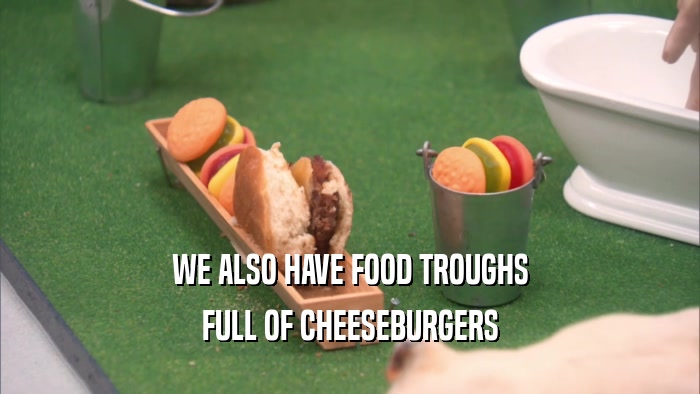 WE ALSO HAVE FOOD TROUGHS FULL OF CHEESEBURGERS 