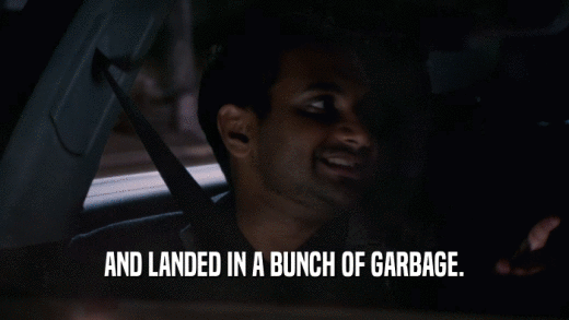 AND LANDED IN A BUNCH OF GARBAGE.  