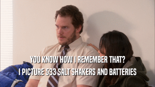 YOU KNOW HOW I REMEMBER THAT? I PICTURE 533 SALT SHAKERS AND BATTERIES 