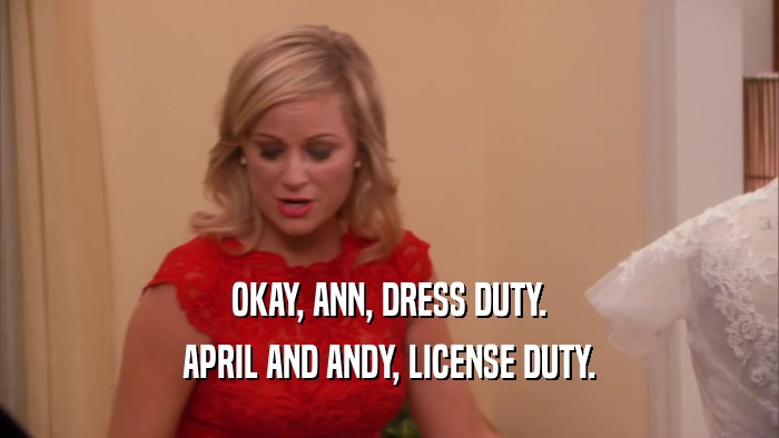 OKAY, ANN, DRESS DUTY. APRIL AND ANDY, LICENSE DUTY. 