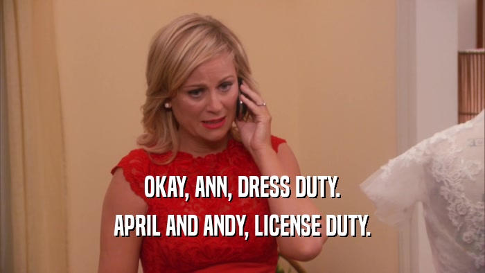 OKAY, ANN, DRESS DUTY. APRIL AND ANDY, LICENSE DUTY. 