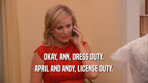 OKAY, ANN, DRESS DUTY. APRIL AND ANDY, LICENSE DUTY. 