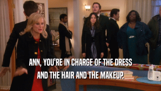 ANN, YOU'RE IN CHARGE OF THE DRESS AND THE HAIR AND THE MAKEUP. 