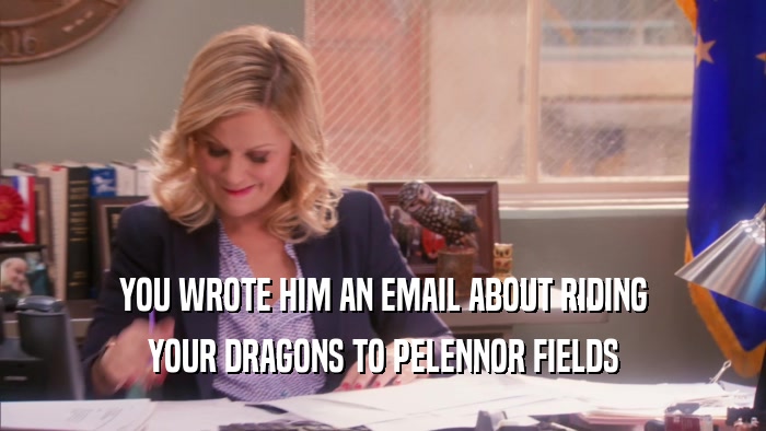 YOU WROTE HIM AN EMAIL ABOUT RIDING YOUR DRAGONS TO PELENNOR FIELDS 