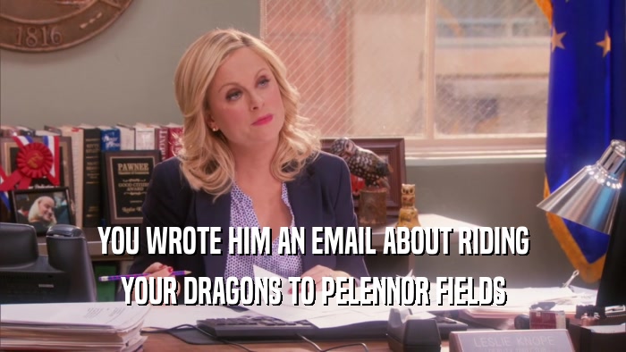 YOU WROTE HIM AN EMAIL ABOUT RIDING YOUR DRAGONS TO PELENNOR FIELDS 