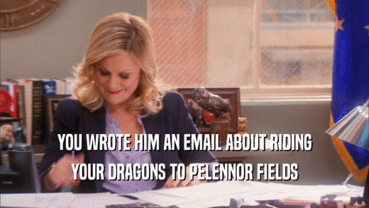 YOU WROTE HIM AN EMAIL ABOUT RIDING YOUR DRAGONS TO PELENNOR FIELDS 