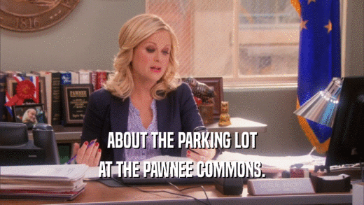 ABOUT THE PARKING LOT AT THE PAWNEE COMMONS. 