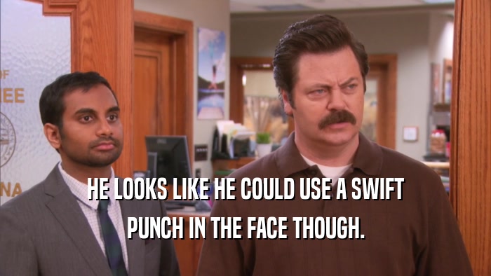HE LOOKS LIKE HE COULD USE A SWIFT PUNCH IN THE FACE THOUGH. 