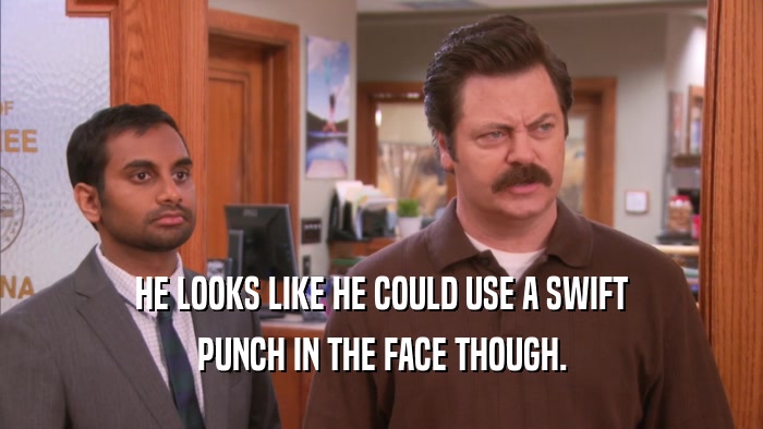 HE LOOKS LIKE HE COULD USE A SWIFT PUNCH IN THE FACE THOUGH. 