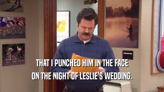 THAT I PUNCHED HIM IN THE FACE ON THE NIGHT OF LESLIE'S WEDDING. 