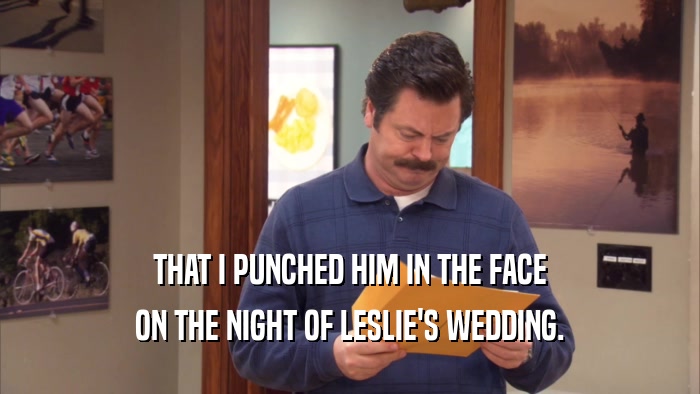THAT I PUNCHED HIM IN THE FACE ON THE NIGHT OF LESLIE'S WEDDING. 