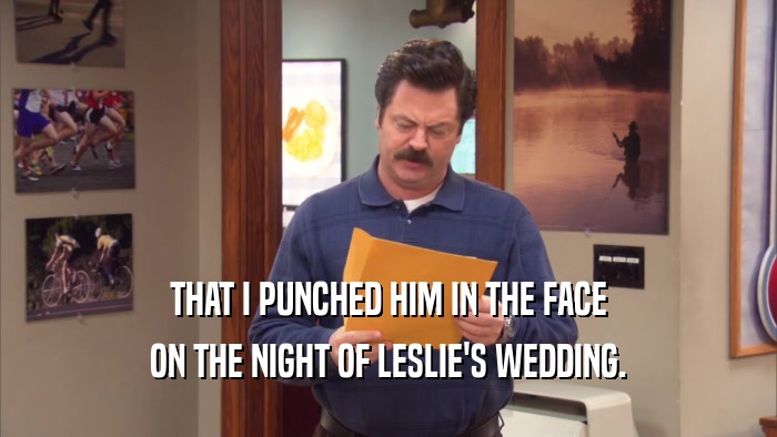 THAT I PUNCHED HIM IN THE FACE ON THE NIGHT OF LESLIE'S WEDDING. 