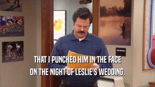 THAT I PUNCHED HIM IN THE FACE ON THE NIGHT OF LESLIE'S WEDDING. 