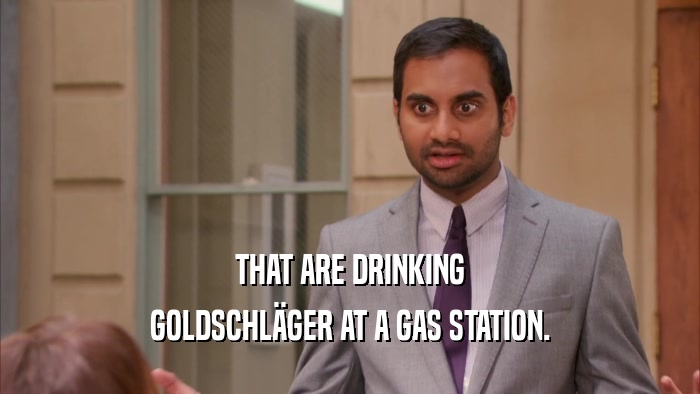 THAT ARE DRINKING GOLDSCHLäGER AT A GAS STATION. 
