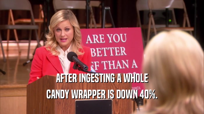 AFTER INGESTING A WHOLE CANDY WRAPPER IS DOWN 40%. 
