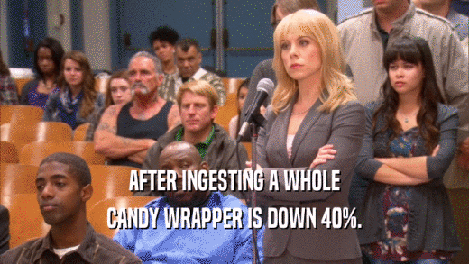 AFTER INGESTING A WHOLE CANDY WRAPPER IS DOWN 40%. 