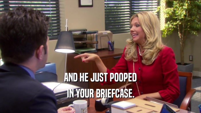 AND HE JUST POOPED IN YOUR BRIEFCASE. 