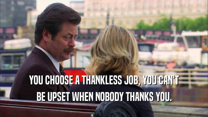 YOU CHOOSE A THANKLESS JOB, YOU CAN'T BE UPSET WHEN NOBODY THANKS YOU. 