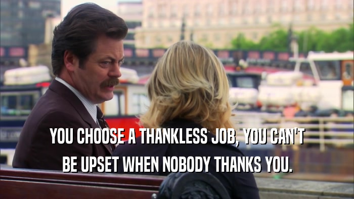 YOU CHOOSE A THANKLESS JOB, YOU CAN'T BE UPSET WHEN NOBODY THANKS YOU. 