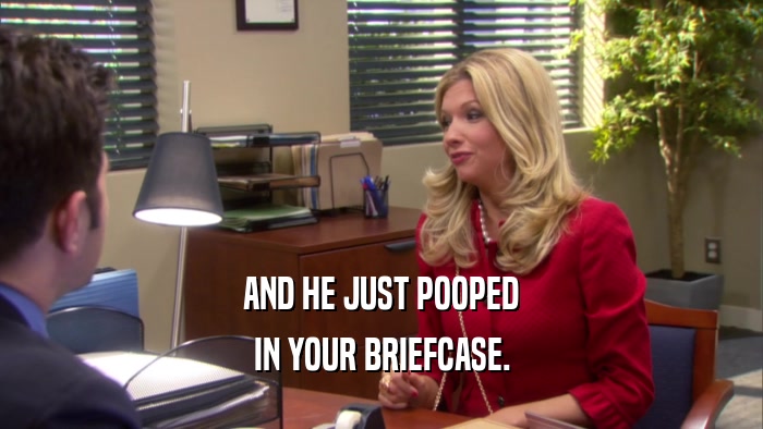 AND HE JUST POOPED IN YOUR BRIEFCASE. 