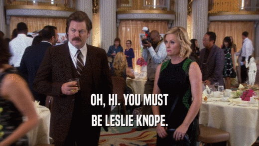 OH, HI. YOU MUST BE LESLIE KNOPE. 