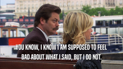 YOU KNOW, I KNOW I AM SUPPOSED TO FEEL BAD ABOUT WHAT I SAID, BUT I DO NOT. 