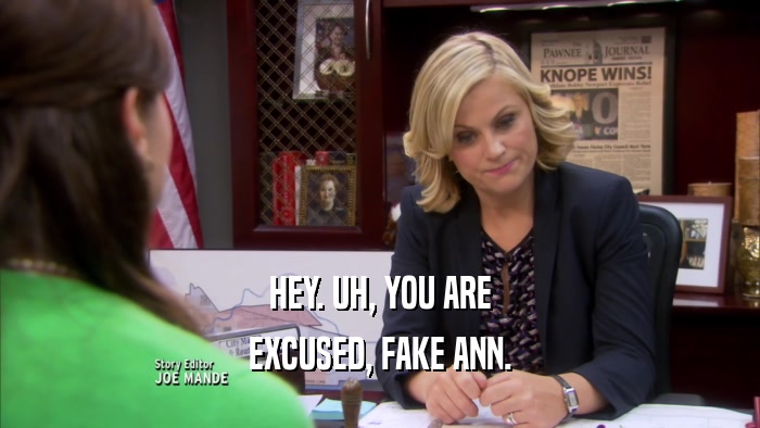 HEY. UH, YOU ARE EXCUSED, FAKE ANN. 