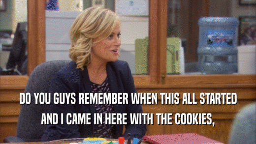 DO YOU GUYS REMEMBER WHEN THIS ALL STARTED AND I CAME IN HERE WITH THE COOKIES, 