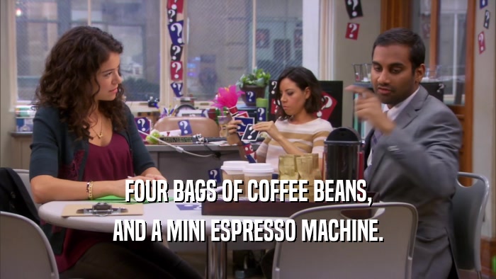 FOUR BAGS OF COFFEE BEANS, AND A MINI ESPRESSO MACHINE. 