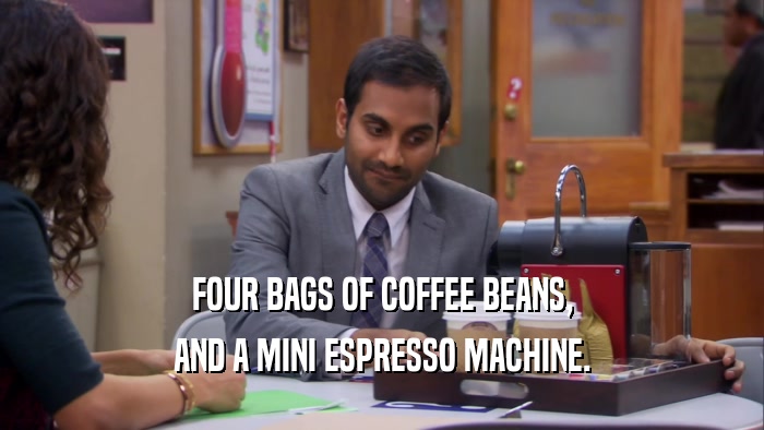 FOUR BAGS OF COFFEE BEANS, AND A MINI ESPRESSO MACHINE. 