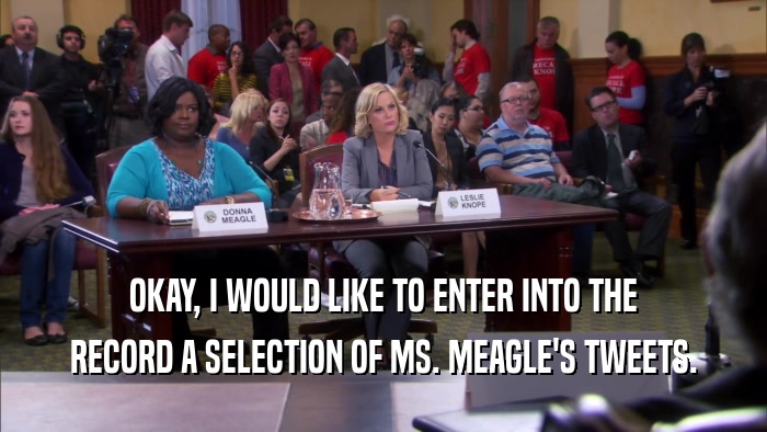 OKAY, I WOULD LIKE TO ENTER INTO THE RECORD A SELECTION OF MS. MEAGLE'S TWEETS. 