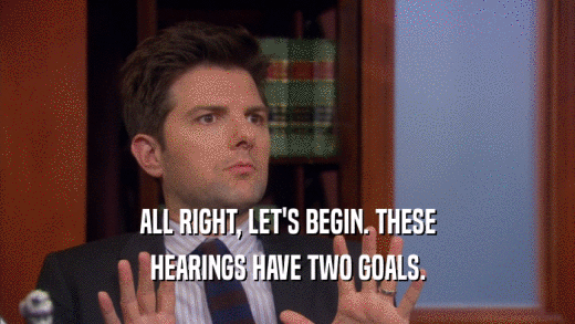 ALL RIGHT, LET'S BEGIN. THESE HEARINGS HAVE TWO GOALS. 
