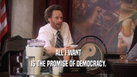 ALL I WANT IS THE PROMISE OF DEMOCRACY. 
