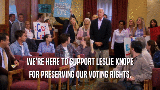 WE'RE HERE TO SUPPORT LESLIE KNOPE FOR PRESERVING OUR VOTING RIGHTS. 