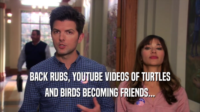 BACK RUBS, YOUTUBE VIDEOS OF TURTLES AND BIRDS BECOMING FRIENDS... 