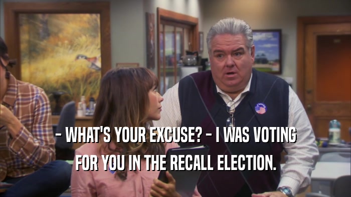 - WHAT'S YOUR EXCUSE? - I WAS VOTING FOR YOU IN THE RECALL ELECTION. 