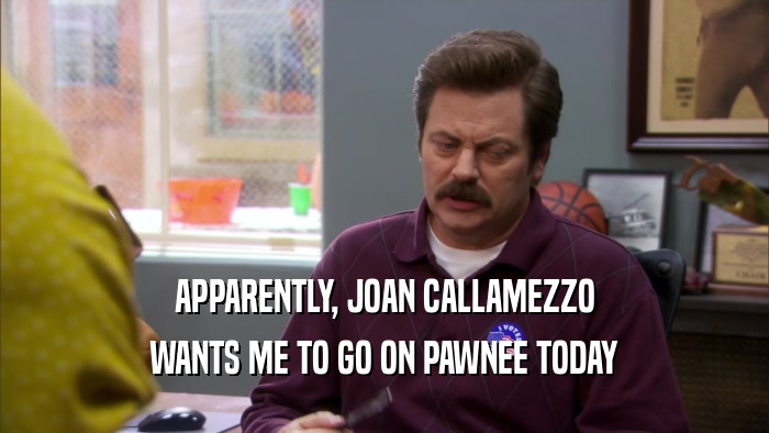 APPARENTLY, JOAN CALLAMEZZO WANTS ME TO GO ON PAWNEE TODAY 