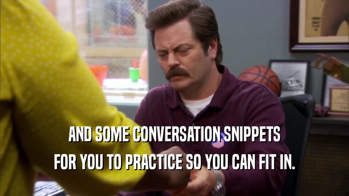 AND SOME CONVERSATION SNIPPETS FOR YOU TO PRACTICE SO YOU CAN FIT IN. 