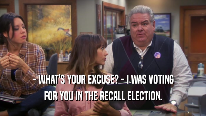 - WHAT'S YOUR EXCUSE? - I WAS VOTING FOR YOU IN THE RECALL ELECTION. 