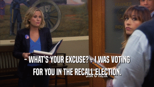 - WHAT'S YOUR EXCUSE? - I WAS VOTING FOR YOU IN THE RECALL ELECTION. 
