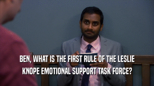 BEN, WHAT IS THE FIRST RULE OF THE LESLIE
 KNOPE EMOTIONAL SUPPORT TASK FORCE?
 