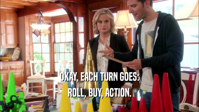 OKAY, EACH TURN GOES: ROLL, BUY, ACTION. 