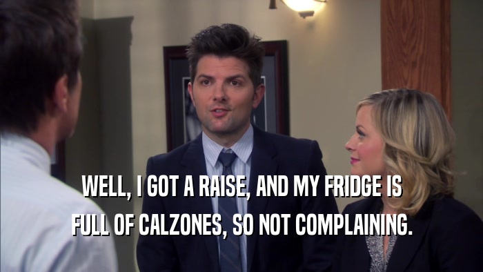 WELL, I GOT A RAISE, AND MY FRIDGE IS FULL OF CALZONES, SO NOT COMPLAINING. 