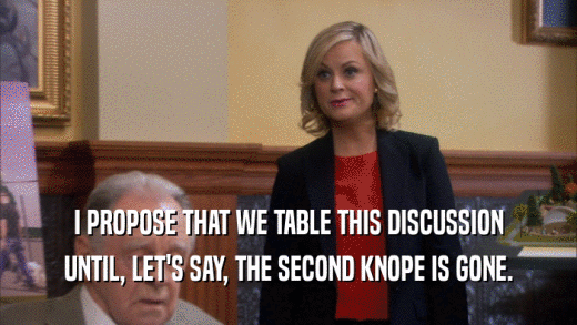 I PROPOSE THAT WE TABLE THIS DISCUSSION
 UNTIL, LET'S SAY, THE SECOND KNOPE IS GONE.
 