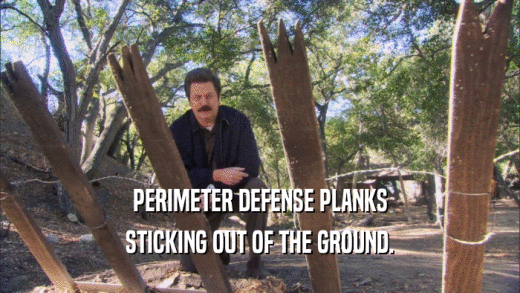 PERIMETER DEFENSE PLANKS STICKING OUT OF THE GROUND. 