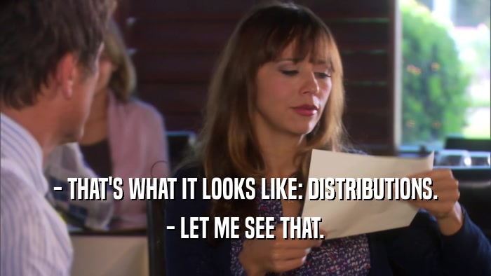 - THAT'S WHAT IT LOOKS LIKE: DISTRIBUTIONS.
 - LET ME SEE THAT.
 