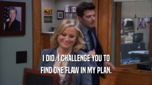 I DID. I CHALLENGE YOU TO
 FIND ONE FLAW IN MY PLAN.
 