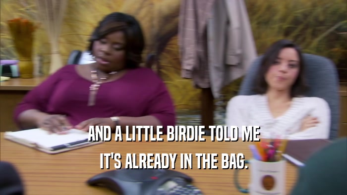 AND A LITTLE BIRDIE TOLD ME IT'S ALREADY IN THE BAG. 